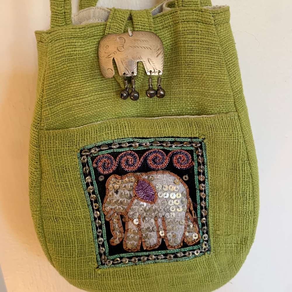 Hemp Elephant Embellished Handbag Thailand Lime Green Charm Embroidered Sequin